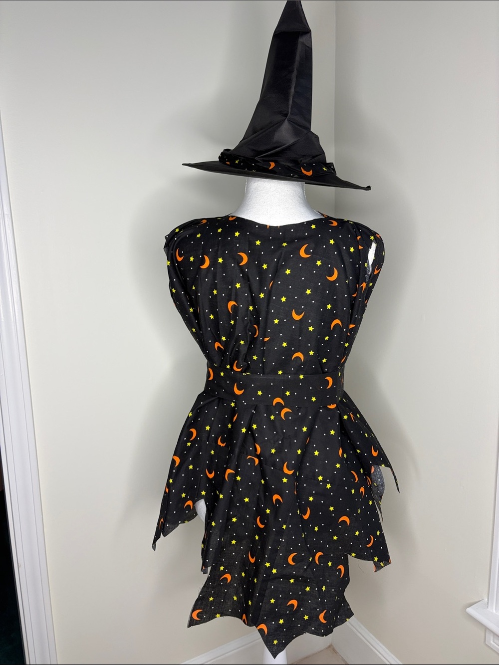 Kids Black Hand Made Witch Costume Dress with Orange Moon Print